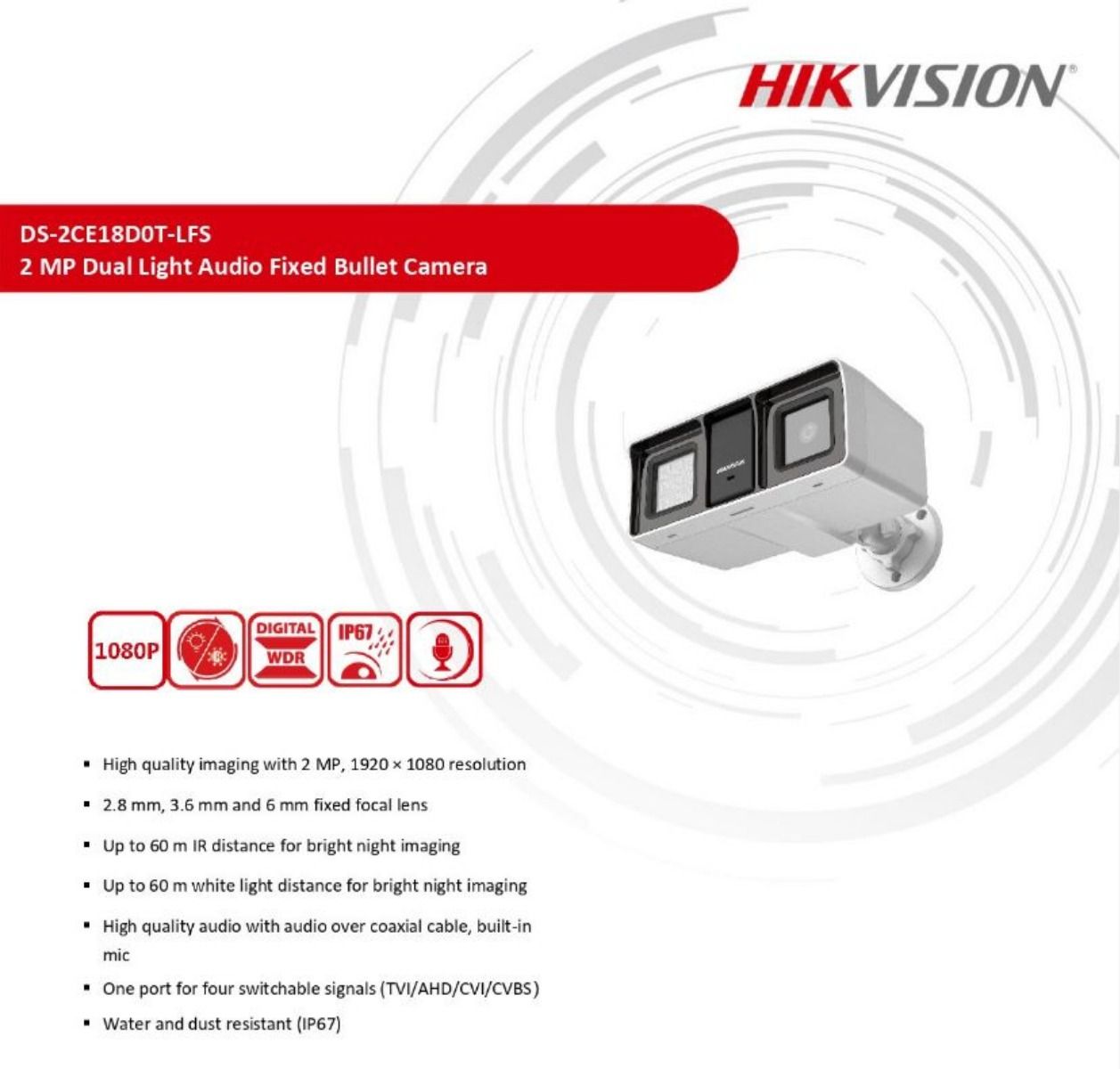 Cámara Hikvision SMART LIGTH BALA 2Mp F2.8mm IR 60Mts DS-2CE18D0T-LFS(2.8mm)