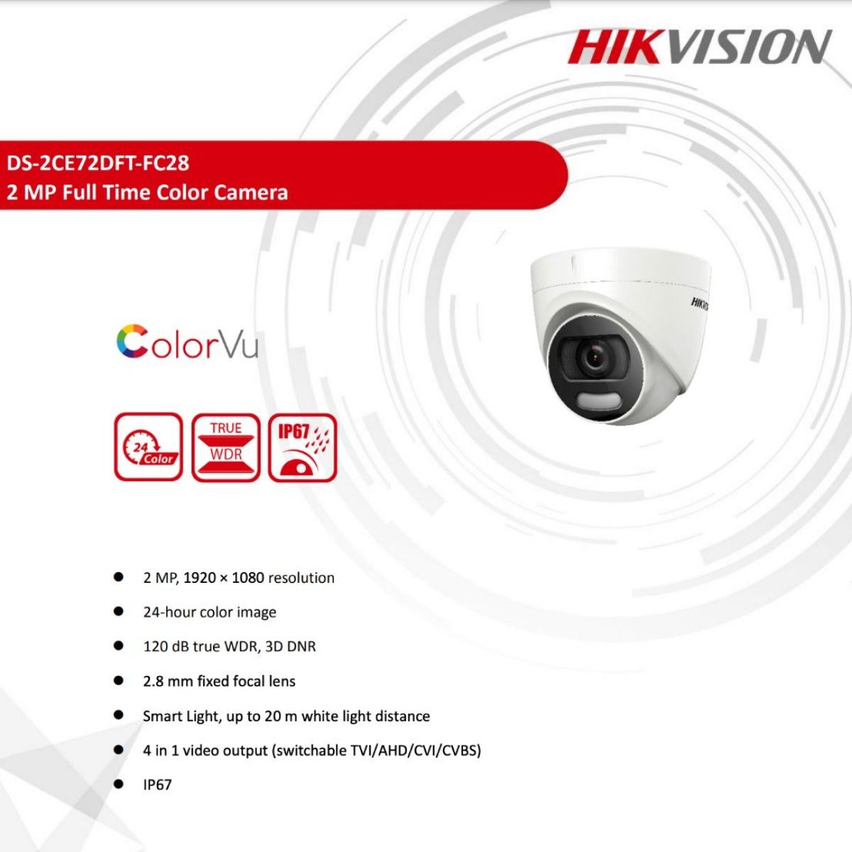 Cámara de Seguridad Hikvision DS-2CE72DFT-FC28 ColorVu 2 MP