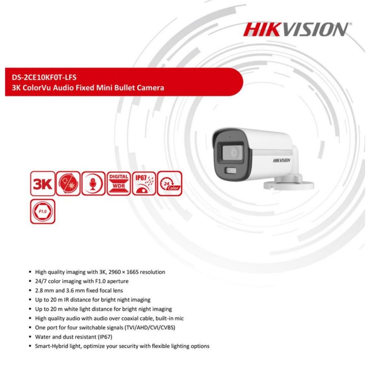 Cámara Hikvision Bala 3K ColorVu Audio 2.8mm DS-2CE10KF0T