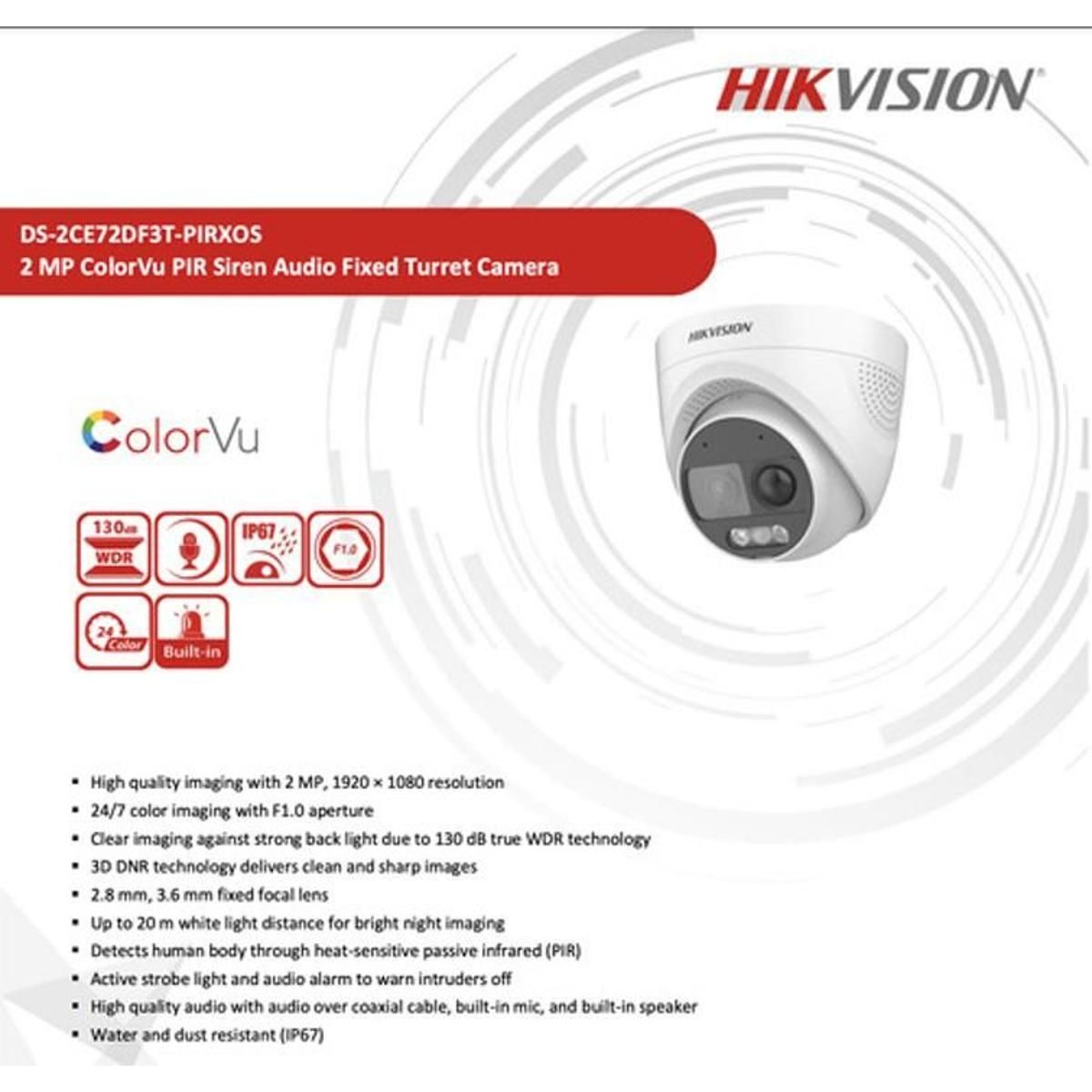 Camara Torreta Hikvision 2MP TurboHD 1080p DS-2CE72DF3T-PIRXOS(2.8mm)