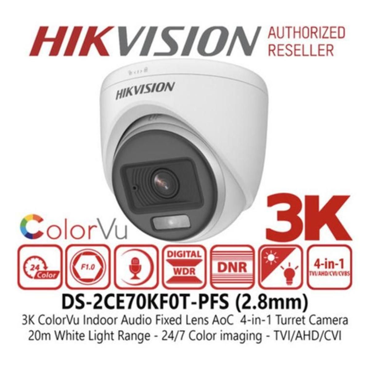 Camara Turret Hikvision 3k 2.8mm Colorvu DS-2CE70KF0T-PFS(2.8mm)