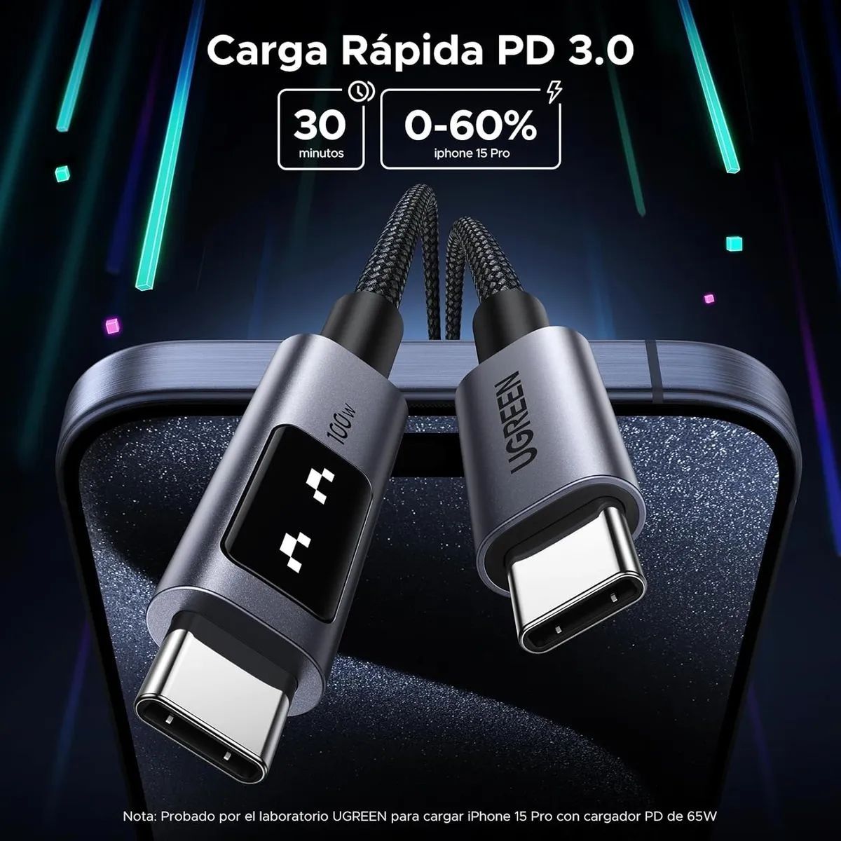 Cable Cargador Ugreen Uno Usb-c Carga Rápida 100w 480mbps 1m Negro - GRUPO CONTROL - L509-35501 - CABLE DE CELULAR
