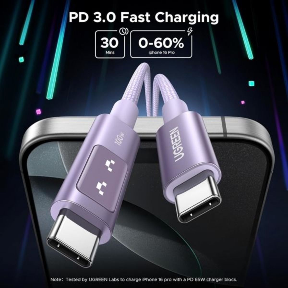 Cable Ugreen USB - C a USB - C 100W con Pantalla LED 1M Púrpura - GRUPO CONTROL - L509-65092 - CABLE DE CELULAR