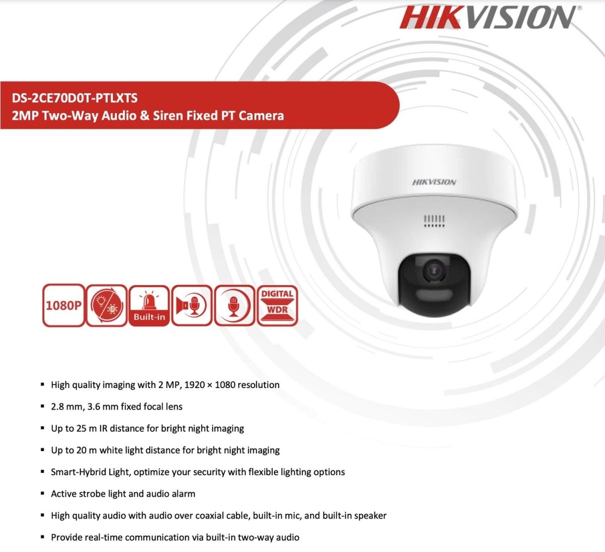 Cámara Domo Hikvision PT 2MP Audio y sirena DS-2CE70D0T-PTLXTS - GRUPO CONTROL - DS-2CE70D0T-PTLXTS(2.8mm) - CAMARA