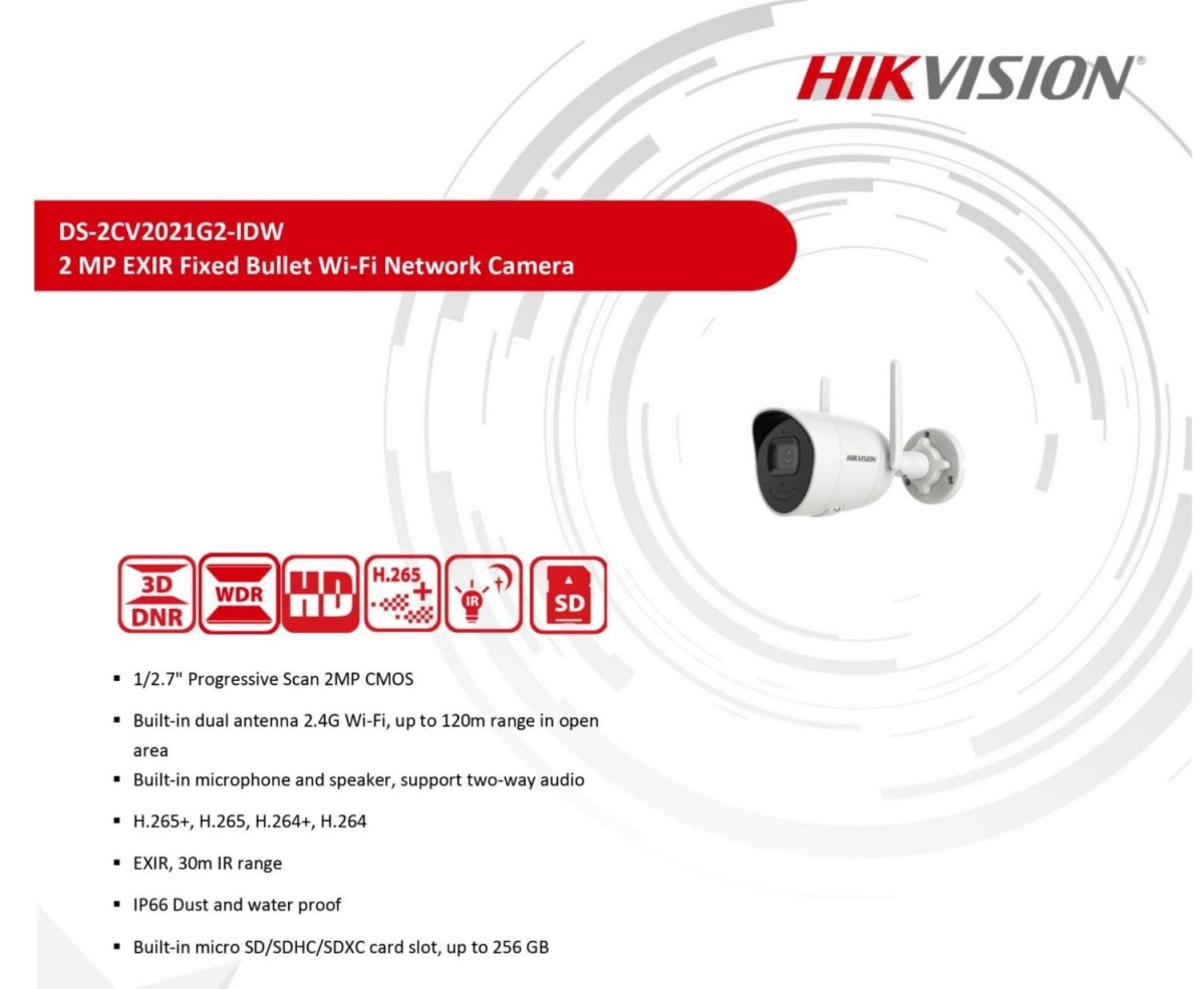Cámara Hikvision Wifi Exterior 2MP IR 2.8mm DS - 2CV2021G2 - GRUPO CONTROL - DS-2CV2021G2-IDW - CAMARA