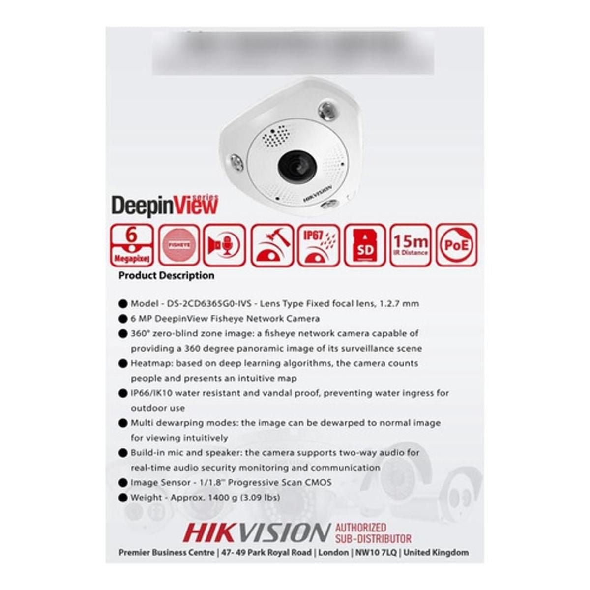 Cámara IP Fisheye Hikvision 6MP 3K IR 15m DS-2CD6365G0EIVS(1.27mm) - GRUPO CONTROL - DS-2CD6365G0EIVS(1.27mm) - CAMARA