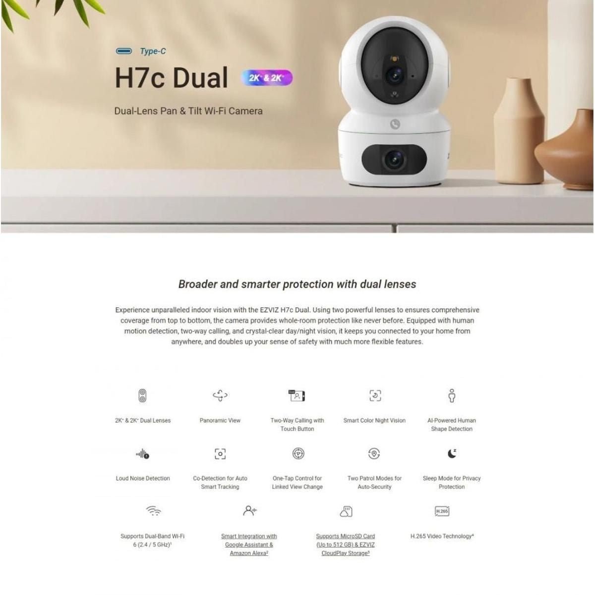 Cámara WiFi Ezviz H7C Dual 4MP 2K+ de Seguridad Interior Doble Lente 360°–CS - H7C - R100 - 8G44WF - GRUPO CONTROL - CS-H7C-R100-8G44WF - CAMARA WIFI