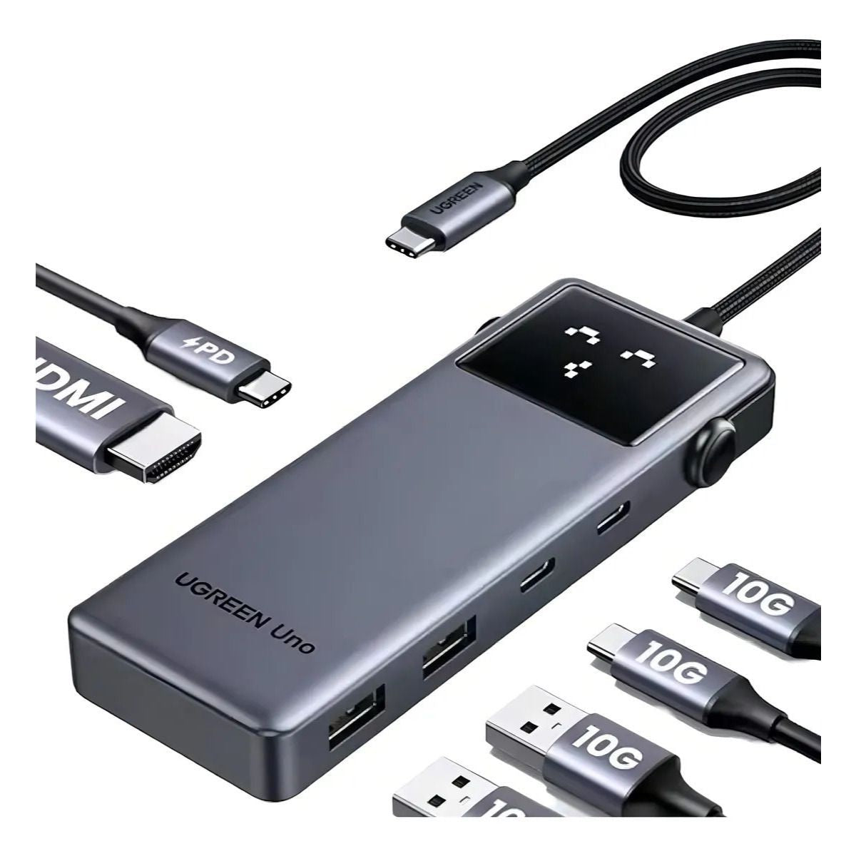 Hub UGREEN USB - C 6 Puertos 4K 60HZ HDMI 100W 10 Gbps Pantalla Led - GRUPO CONTROL - CM888-35998 - HUB