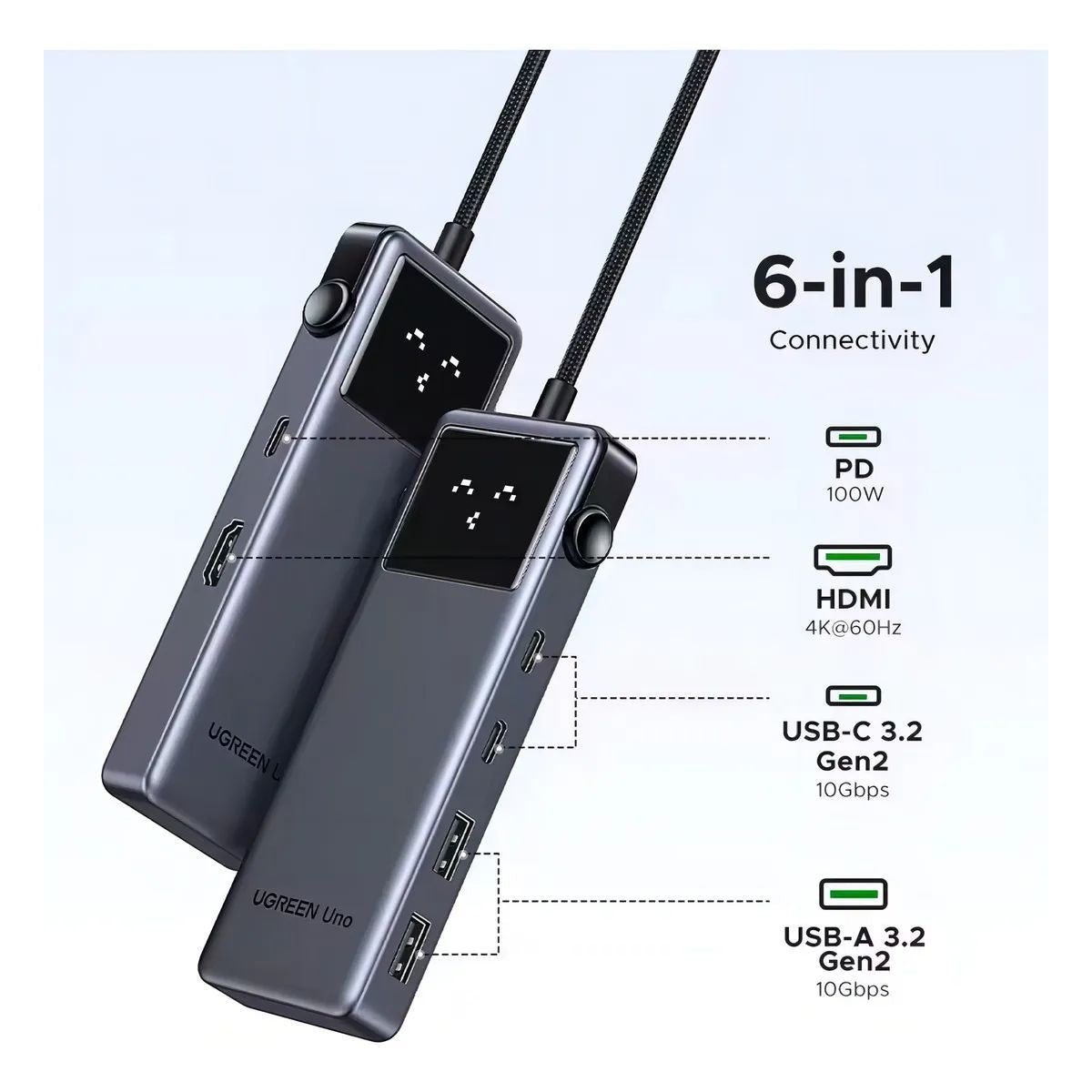 Hub UGREEN USB - C 6 Puertos 4K 60HZ HDMI 100W 10 Gbps Pantalla Led - GRUPO CONTROL - CM888-35998 - HUB