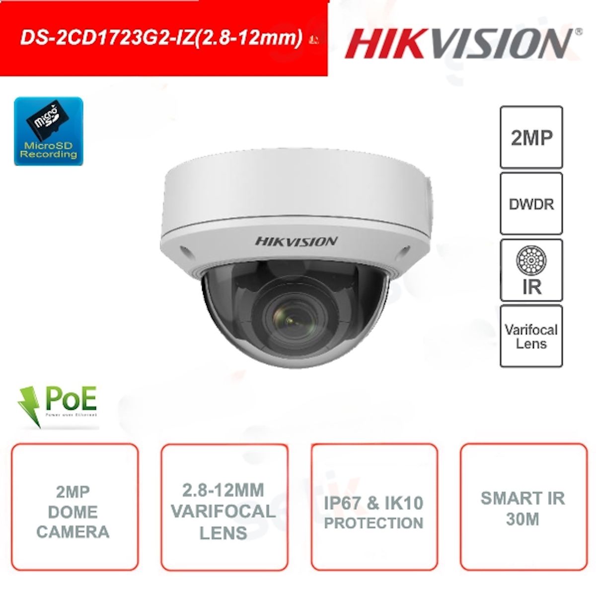 Cámara Hikvision IP Domo 2MP Varifocal 2.8-12mm DS-2CD1723G2