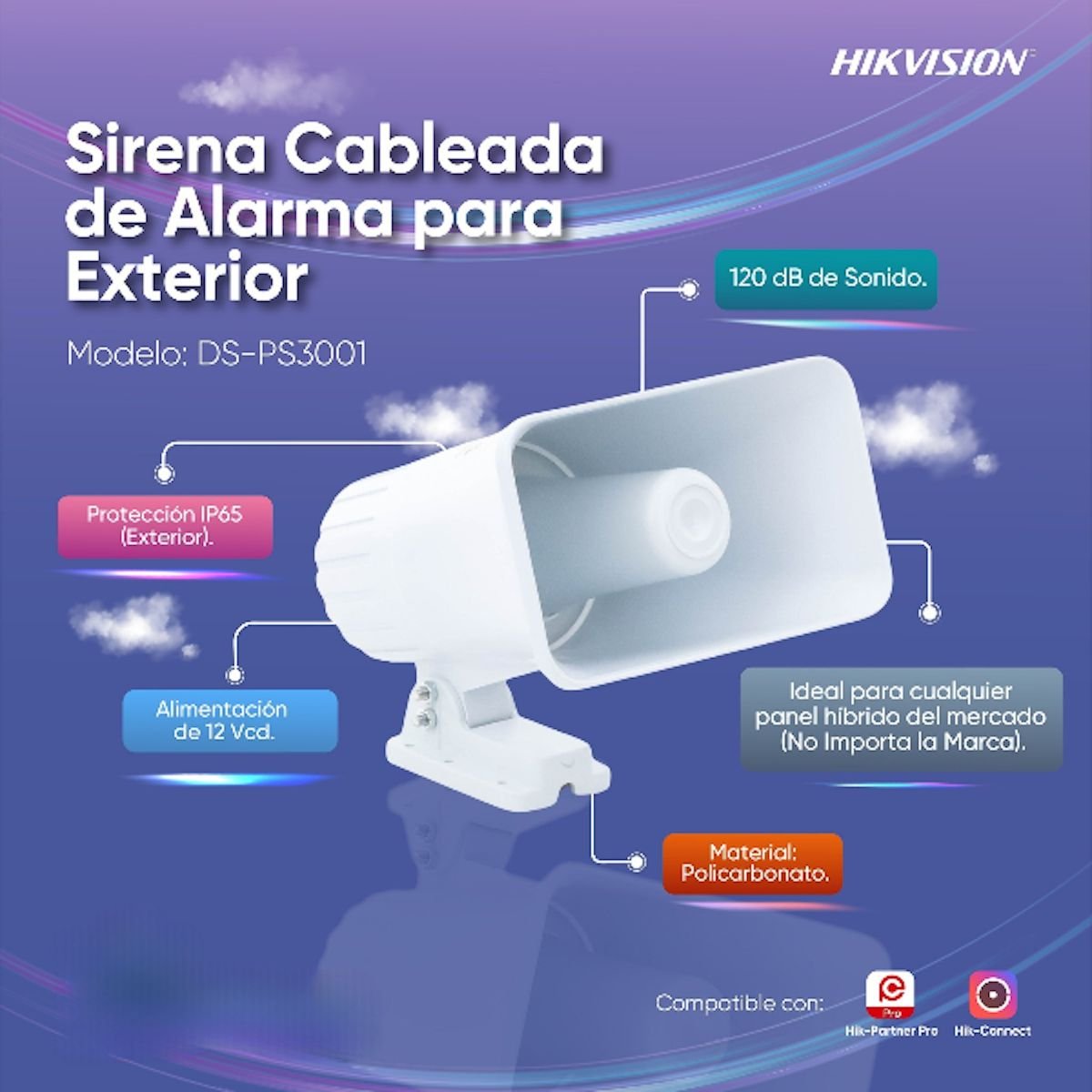 Sirena Hikvision DS - PS3001 Cableada Exterior 120 dB 12 V DC - GRUPO CONTROL - DS-PS3001 - ALARMA