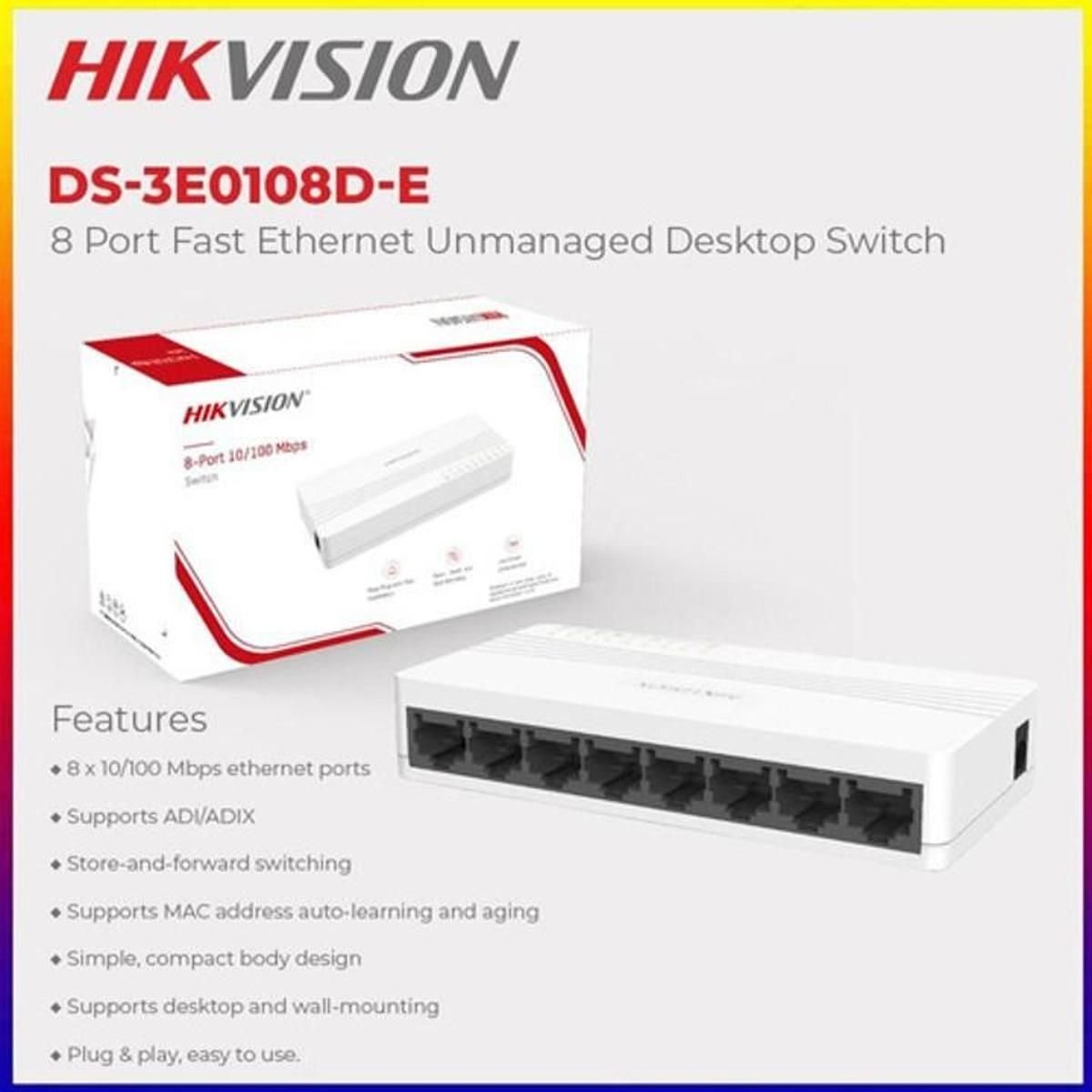 Switch 8 Ethernet 10/100 Mbps - GRUPO CONTROL - DS-3E0108D-E - SWITCH