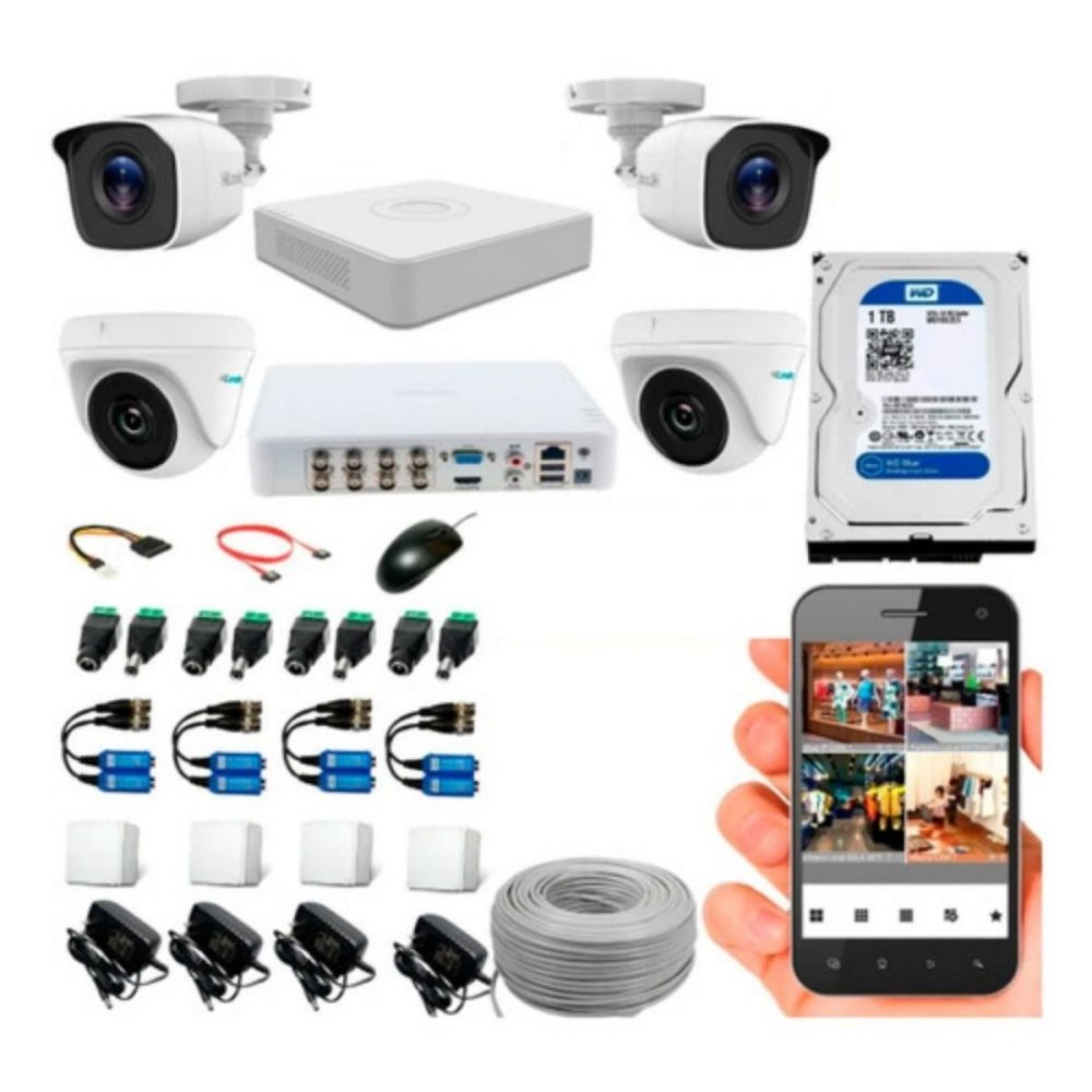 Kit de Seguridad Hikvisión Hilok Dvr 4ch incluye 4 Camaras 1080P + Disco 1 Tb