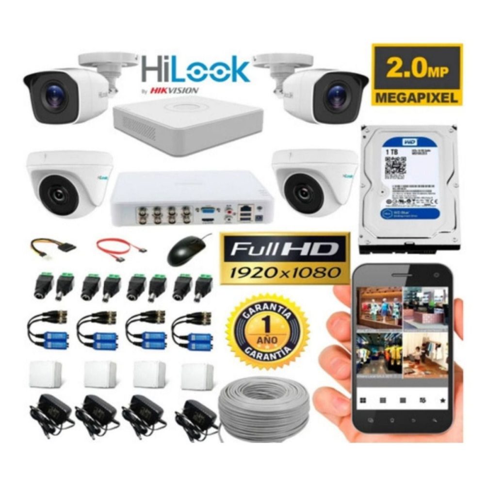 Kit de Seguridad Hikvisión Hilok Dvr 4ch incluye 4 Camaras 1080P + Disco 1 Tb