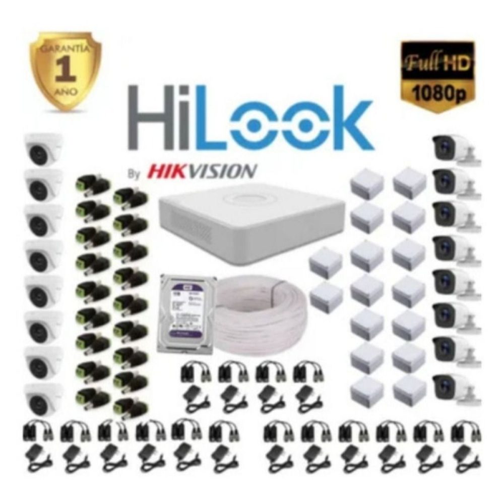 Kit de Seguridad Hikvisión Hilok Dvr 16ch incluye 16 Camaras 1080P + Disco D.