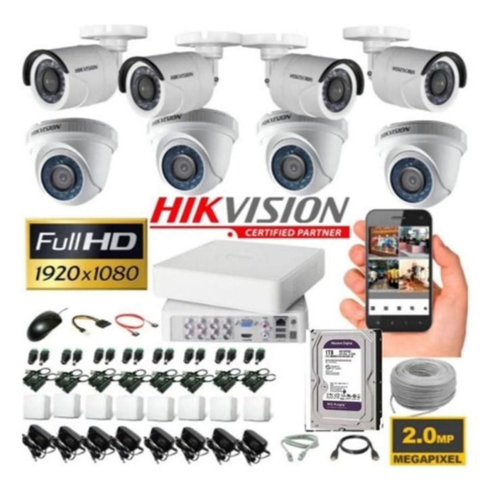 Kit Hikvision DVR 8ch + 8 Cámaras 1080p + Disco Duro 1tb