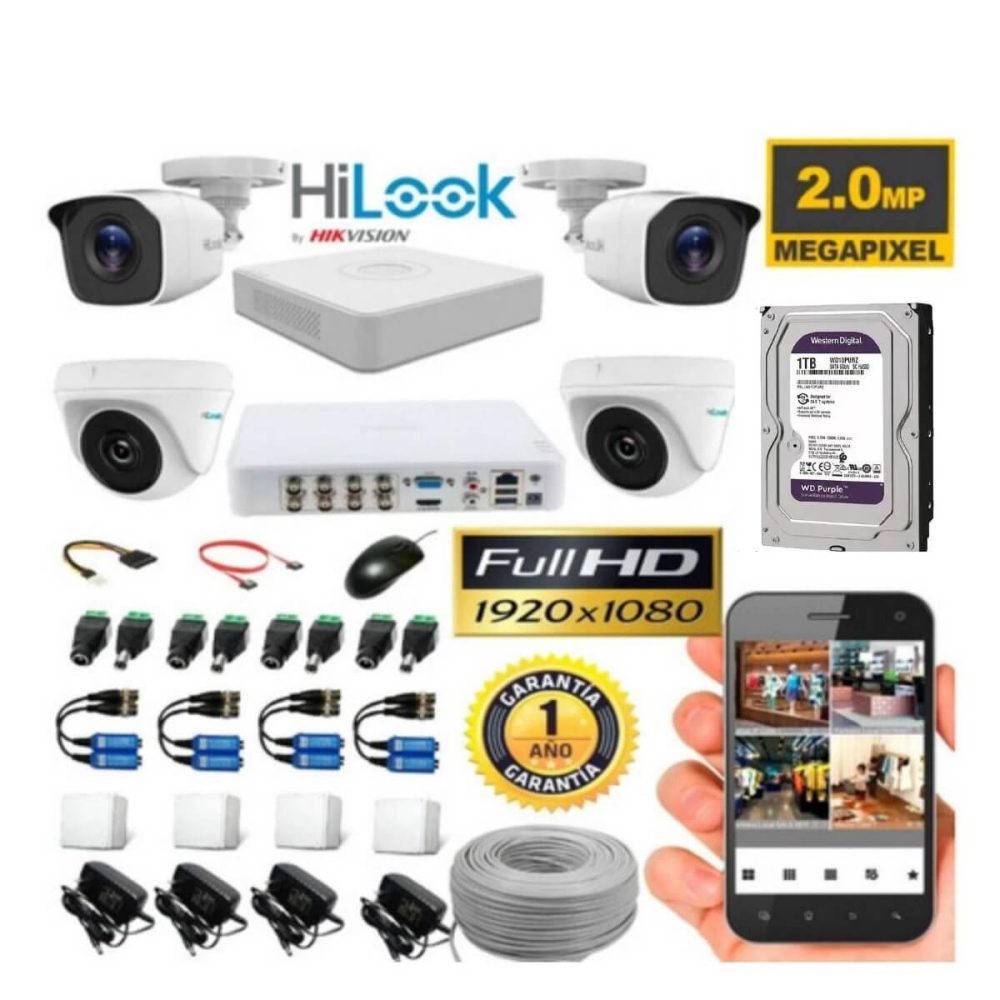 Kit de Seguridad Hilook Dvr 4ch incluye 4 Camaras 1080P + Disco 1 Tb