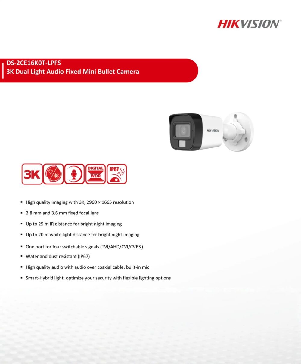 CAMARA TURBO BALA 3K HIKVISION DUAL LIGTH IR 30Mts LENTE 2.8mm AUDIO BIDIRECIONAL METAL IP67 DS-2CE16K0T-LTS