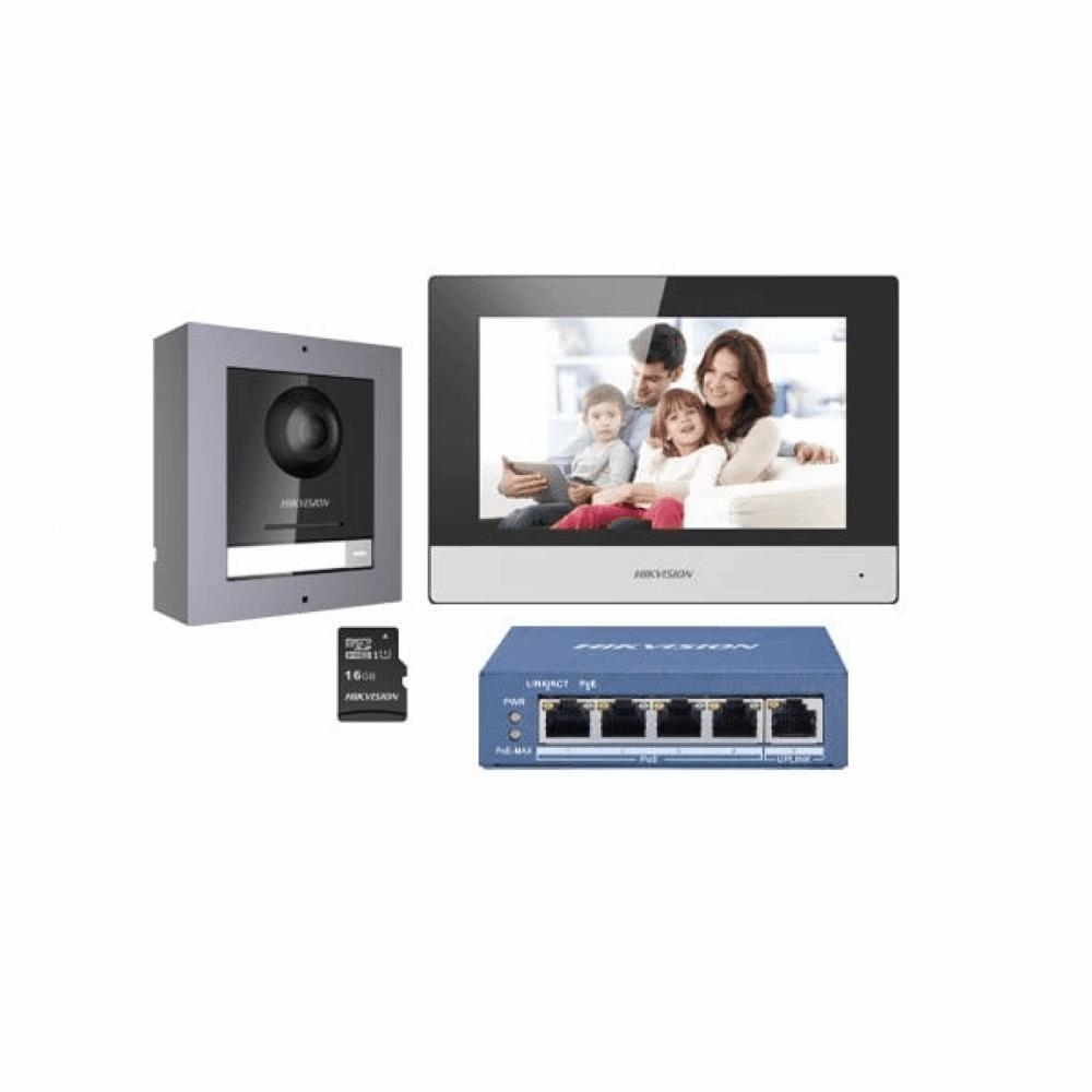 KIT VIDEOPORTERO IP HIKVISION CAMARA 2MP MONITOR- FRENTE CALLE-SWITCH POE- TF 32 GB DS-KIS602B