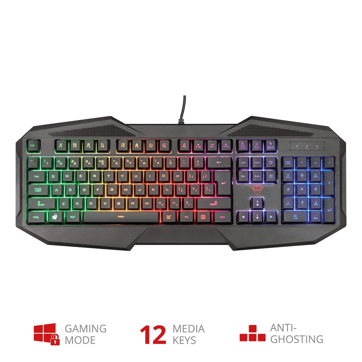 Teclado gamer Trust con iluminación Rainbow Resistente y Ergonómico