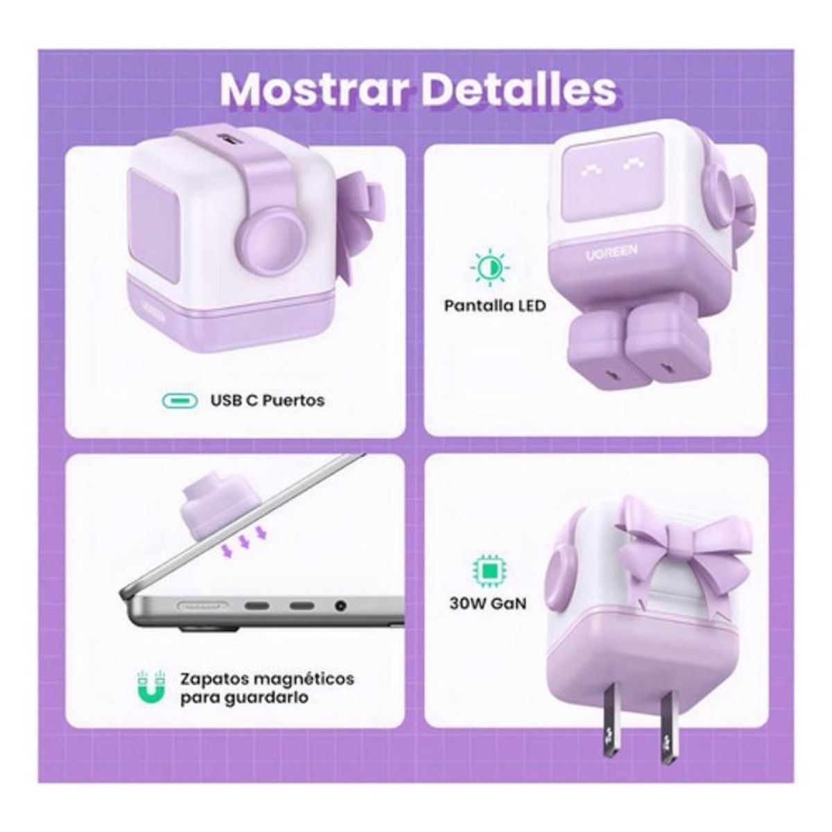 Cargador Ugreen serie uno 30w Tipo C Carga Rápida Ganrobot Color Púrpura