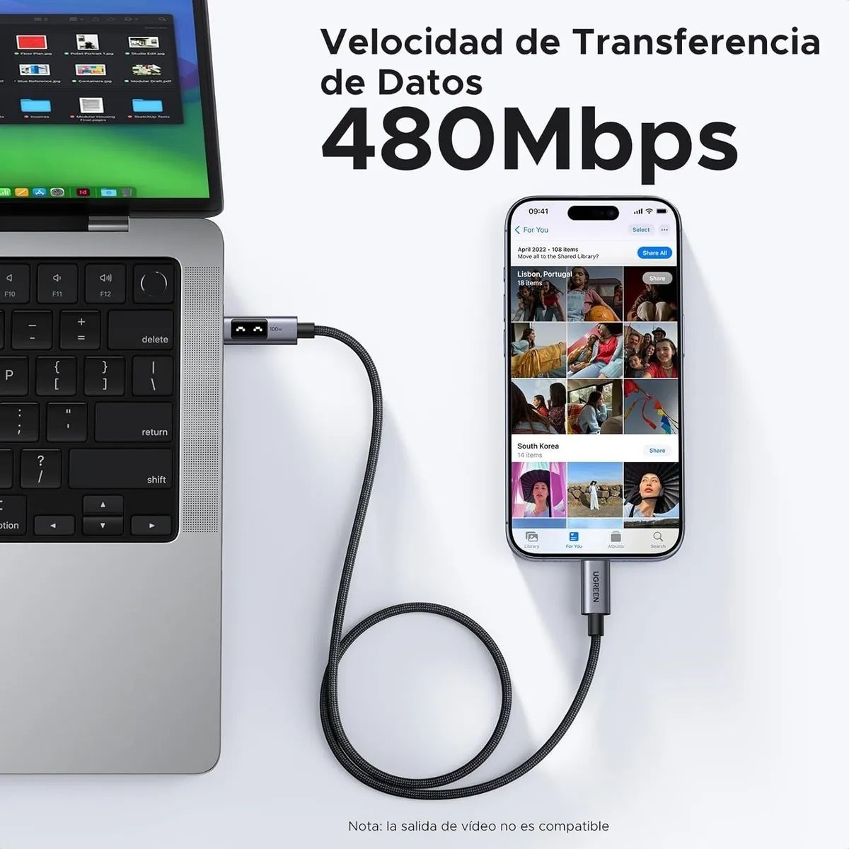 Cable Cargador Ugreen Uno Usb-c Carga Rápida 100w 480mbps 1m Negro