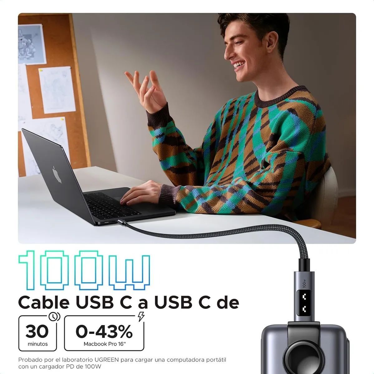 Cable Cargador Ugreen Uno Usb-c Carga Rápida 100w 480mbps 1m Negro