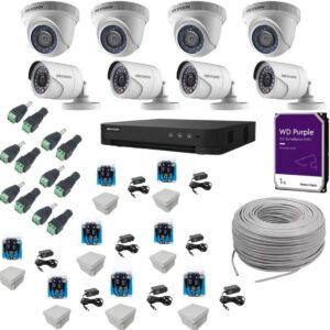 Kit Hikvision 4 Cámaras Domo/Bala/DVR 8CH HDD 1TB+Accesorios