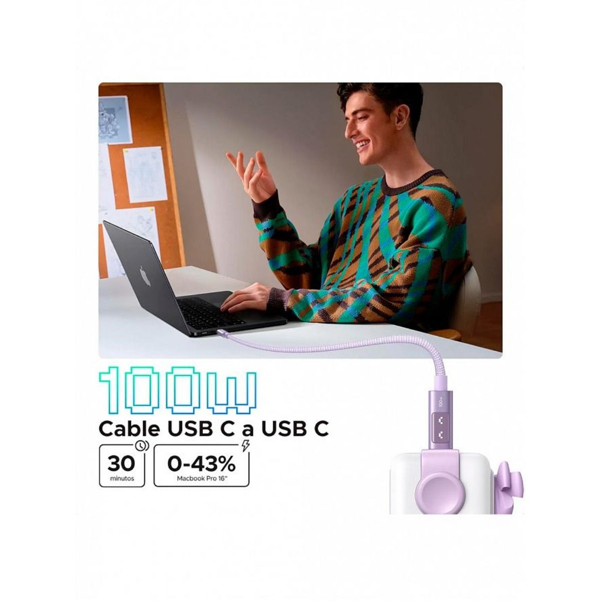 Cable Ugreen USB-C a USB-C 100W con Pantalla LED 1M Púrpura