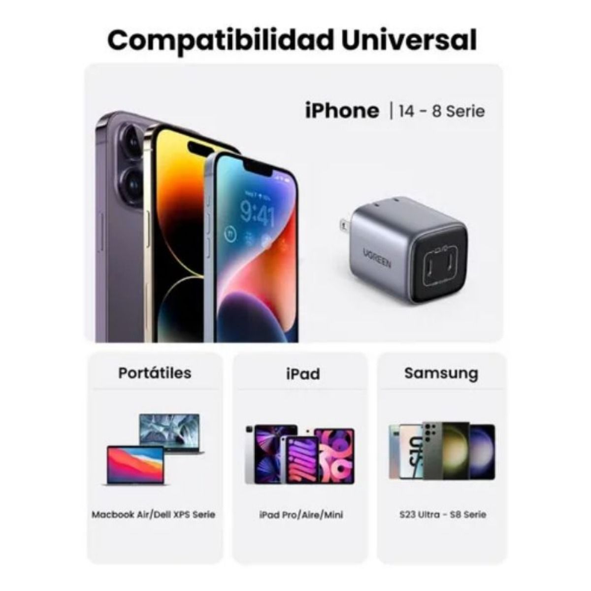 Cargador Ugreen Mini Nexode 45W GaN PD 2 Puertos USB-C Negro