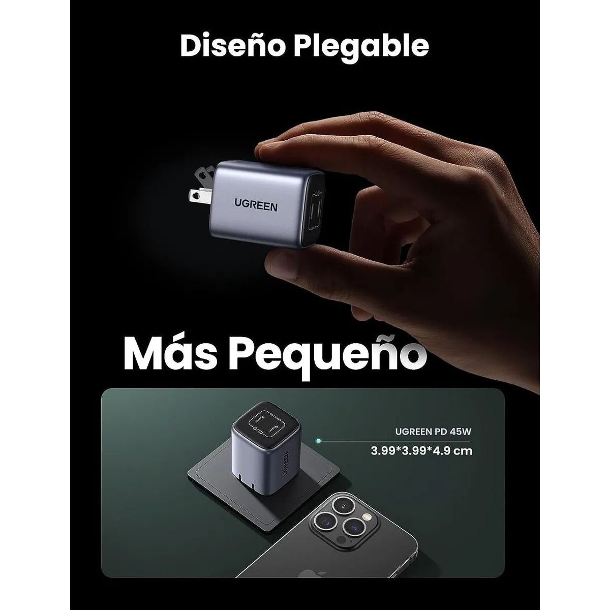 Cargador Ugreen Mini Nexode 45W GaN PD 2 Puertos USB-C Negro
